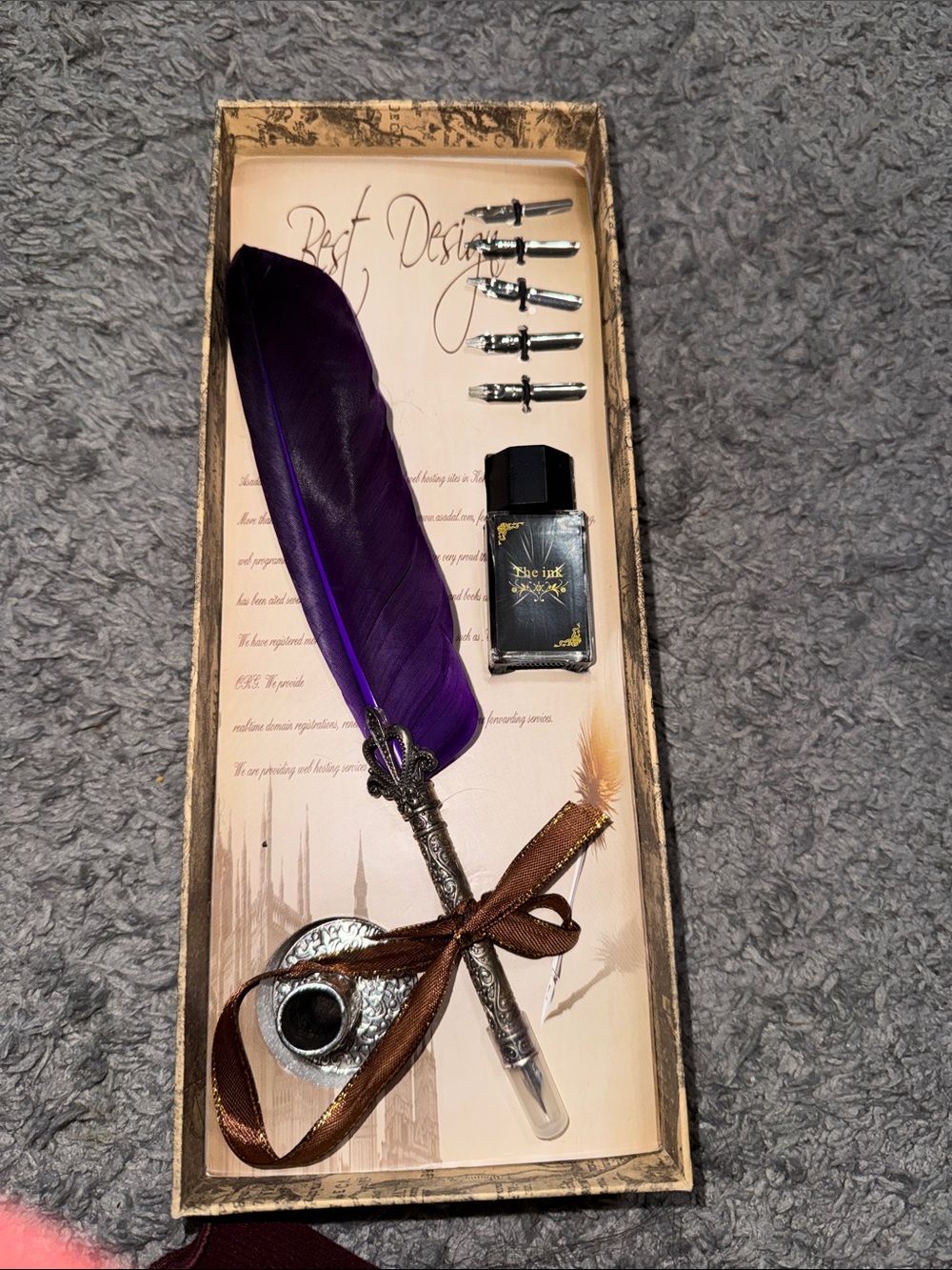 Purple Feather Quill Pen Set with Ink Bottle